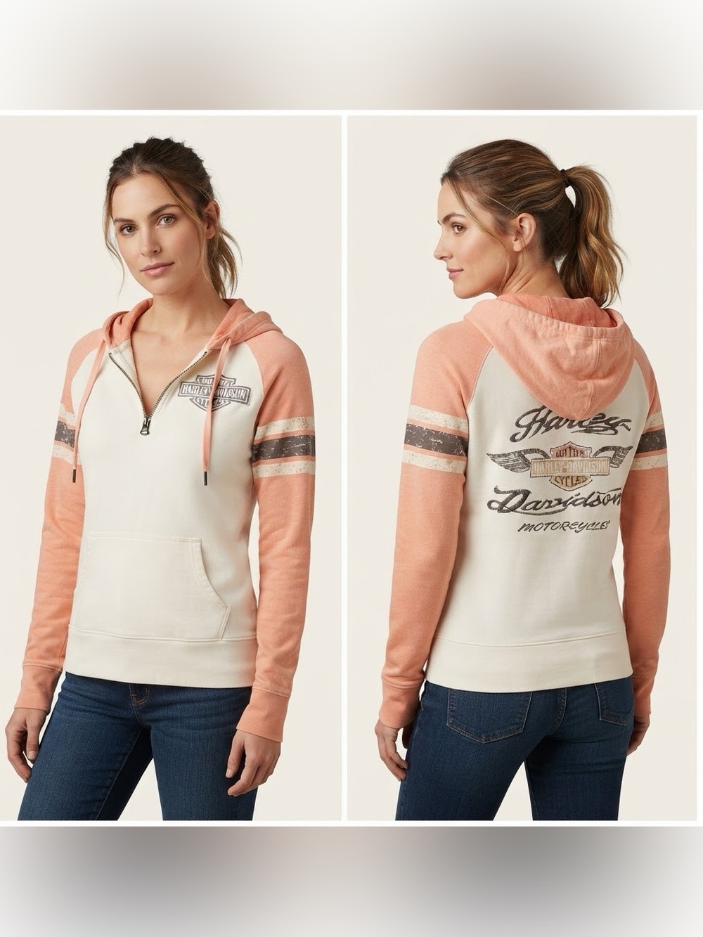 Harley-Davidson Cream and Peach R Distressed Print Half-Zip Hoodie Size Medium